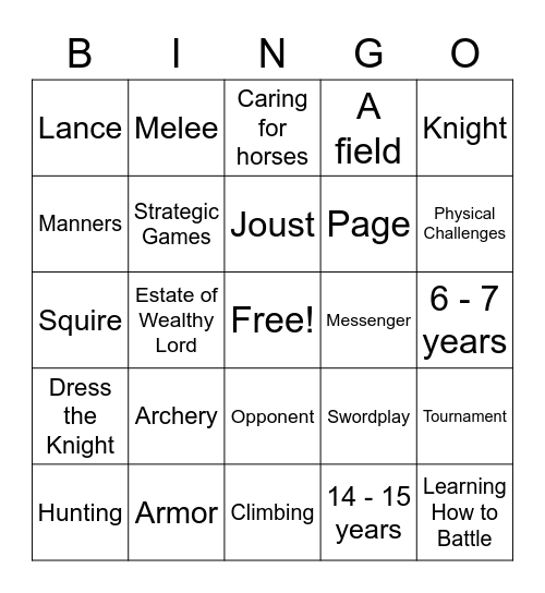 Medieval Day Bingo Card