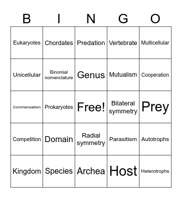 Classification Bingo Card