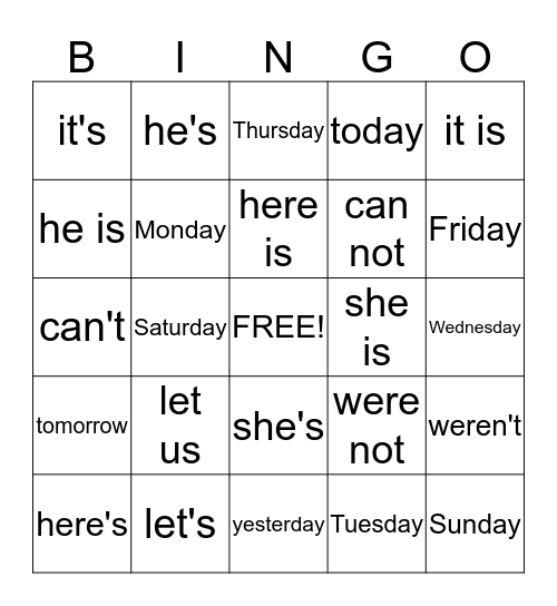 first grade Bingo Card