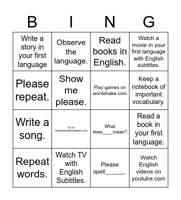 Learning English Bingo Card