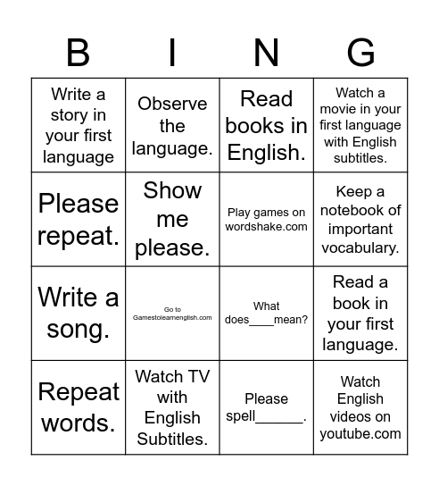 Learning English Bingo Card