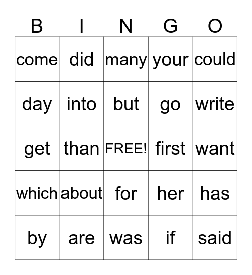 Sight Word Bingo Card