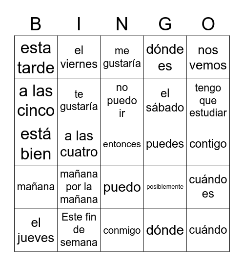 Invitaciones en español Bingo Card