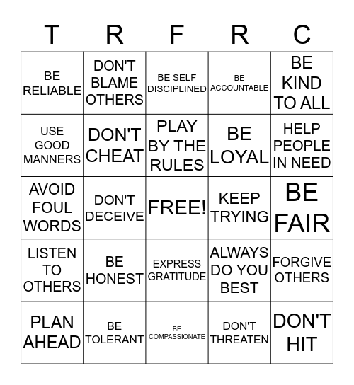 CHARACTER EDUCATION Bingo Card