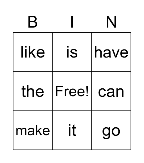 Sight Words Bingo Card