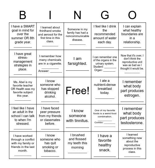 Ms. Abel's Famous Health Bingo Hall Bingo Card