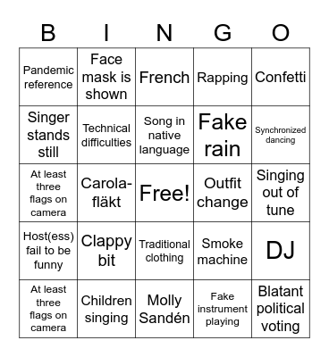 Eurovision 2021 Bingo Card