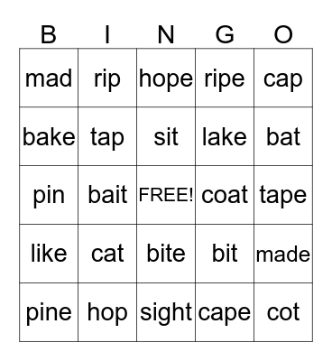 Long and Short Vowels Bingo Card