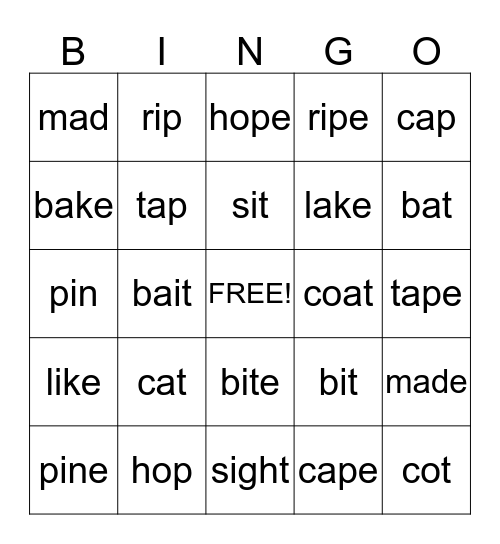Long and Short Vowels Bingo Card