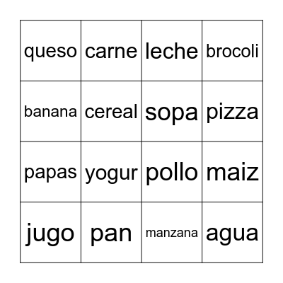 La comida Bingo Card