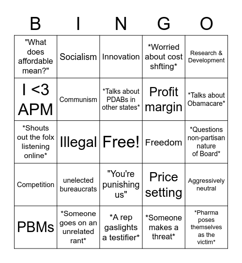 PDAB Committee Hearing Bingo Card