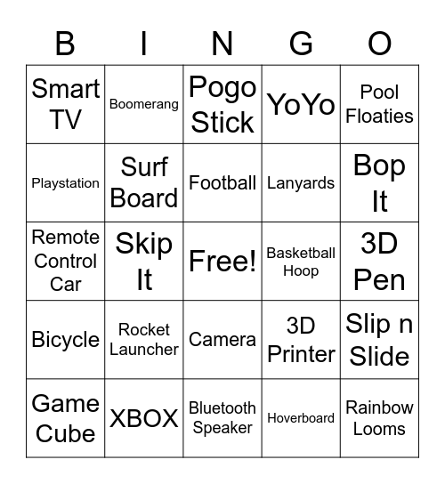 Toys and Gadgets Bingo Card