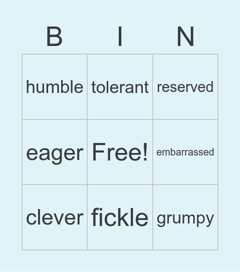 Character and Feelings Bingo Card