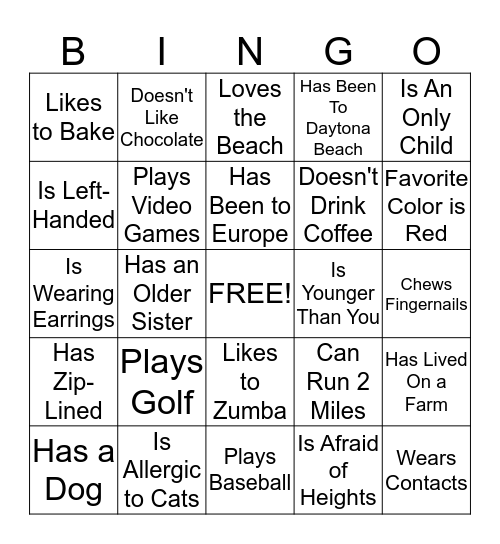 Hospitality Bingo Card