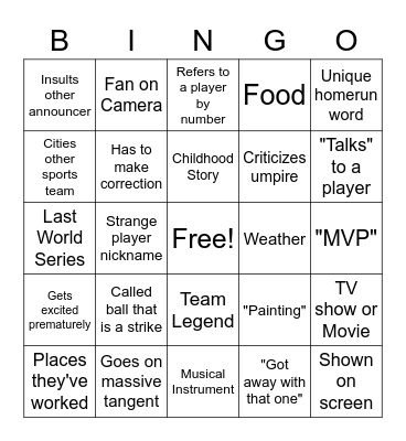 Announcer Bingo Card