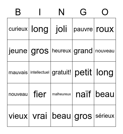 Adjectifs 3A Bingo Card
