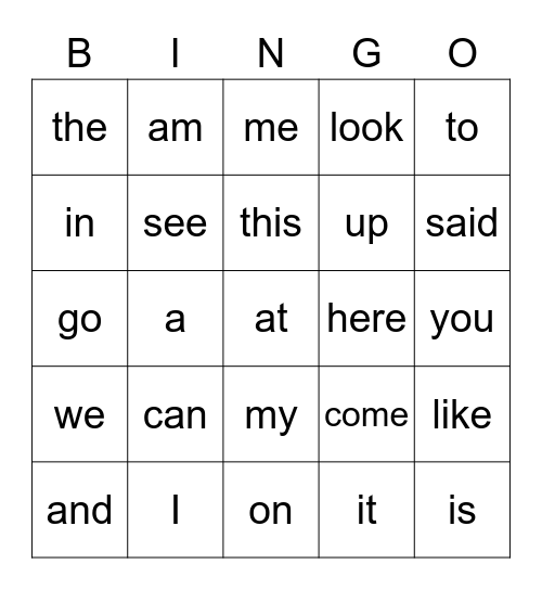 Sight Words Bingo Card