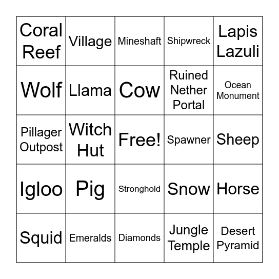 Minecraft Scavenger Hunt Bingo Card