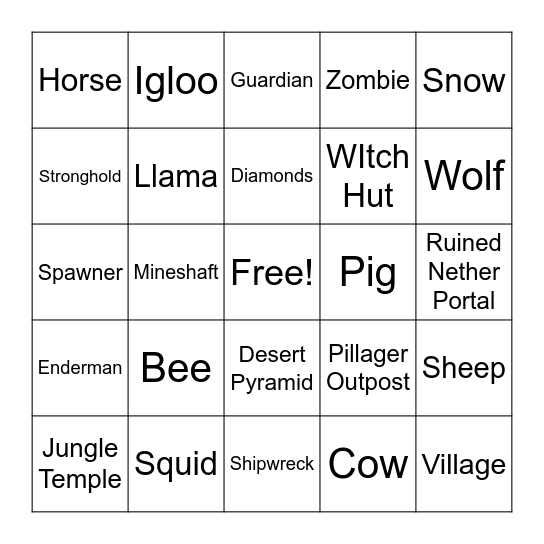 Minecraft Scavenger Hunt Bingo Card