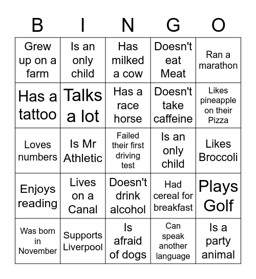 Getting to know you... Bingo Card