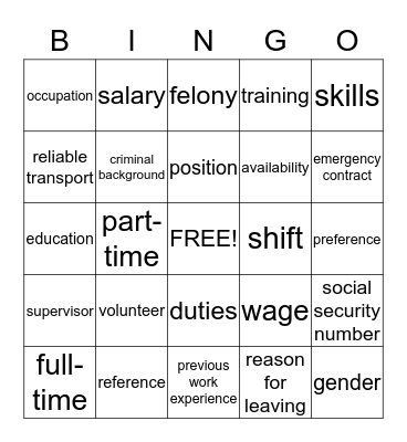 Job Applications Bingo Card