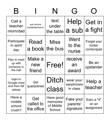 Middle School Bingo Card