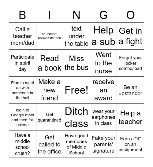 Middle School Bingo Card