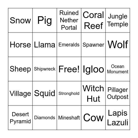 Minecraft Scavenger Hunt Bingo Card