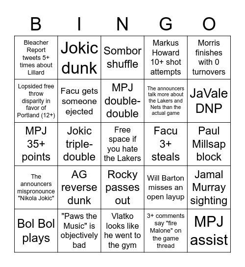 Nuggets Bingo Card