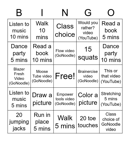 Classroom Wellness Bingo Week #3 Bingo Card