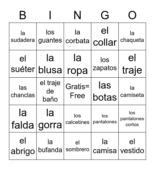 Spa. 1 clothing Bingo Card