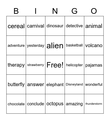 Multisyllabic Word Bingo Card