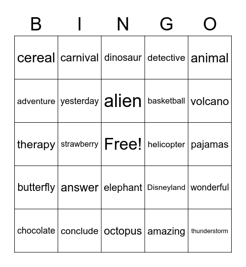 Multisyllabic Word Bingo Card