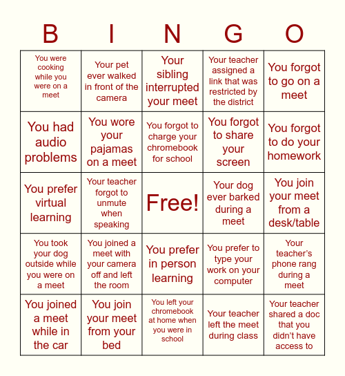 What Distance Learning Has Meant To Me... Bingo Card