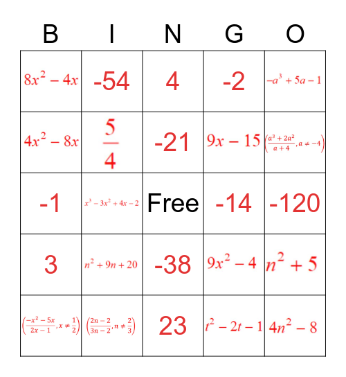 Chapter 6.1 Review - Operations of Functions Bingo Card