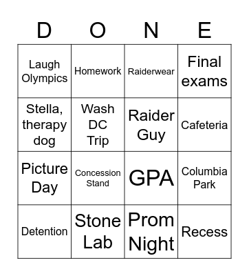 Class of 2021 Bingo Card