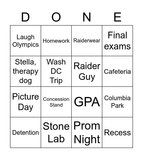 Class of 2021 Bingo Card