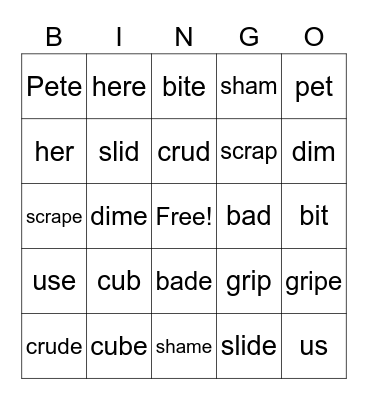 VCe Bingo Card