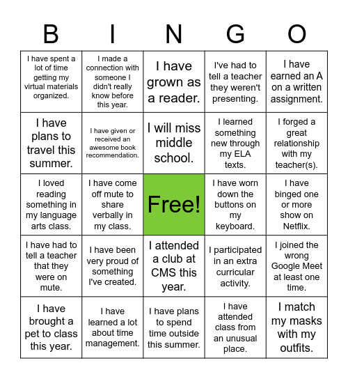 End of the School Year Bingo Card