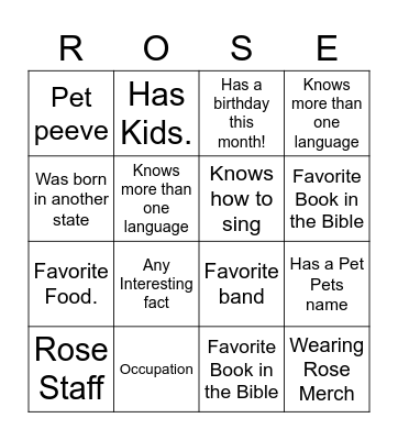 Welcome Dinner Bingo Card