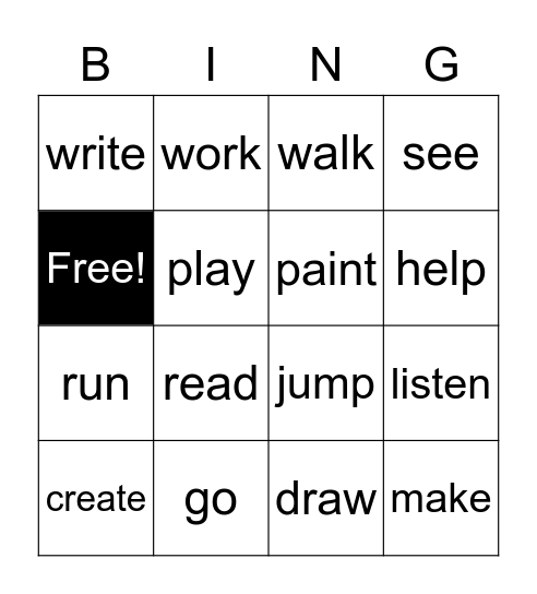 READING PROGRAM VERBS Bingo Card