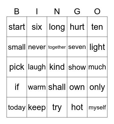 Sight Words Bingo Card