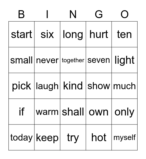 Sight Words Bingo Card