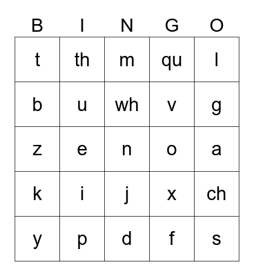 Lowercase Letters and Digraphs Bingo Card