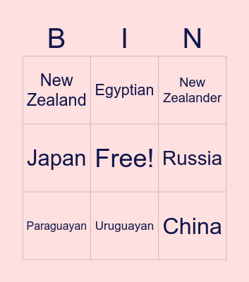 Countries and Nationalities Bingo Card