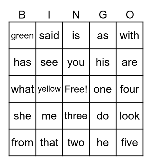 Sight Word BINGO Card