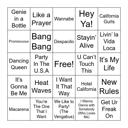 Summer Banger Music Bingo Card