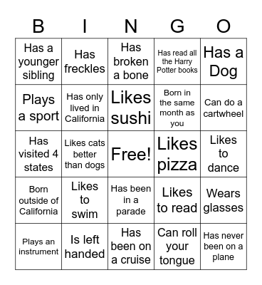 Get To Know Each Other Bingo Card