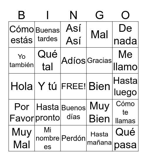 Spanish Bingo Card
