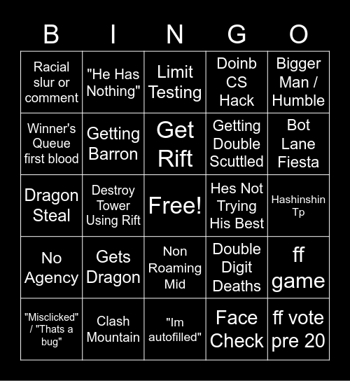 League of Bingo Card